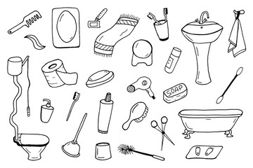 Bathroom accessories collection. Doodle style.