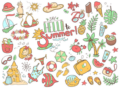 Vector cute doodle collection of summer. The sea, the ocean, the