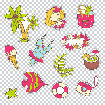 Vector cute doodle collection of summer stickers. The sea vacati