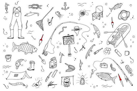 Hand drawn fishing set.Fishing stuff in doodle style.