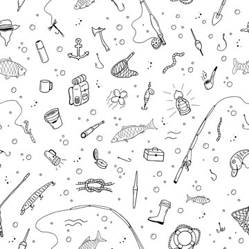 Fishing seamless pattern in doodle style.