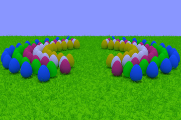 3D-Rendering von gefärbten Eiern auf grünem Gras