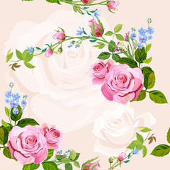Vector square floral seamless pattern with branch curly pink rose, bouquet with blue flowers forget-me-nots, buds, green stems, leaves on pink background, digital draw illustration, vintage, vector