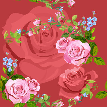 Vector square floral seamless pattern with branch curly pink rose, bouquet with blue flowers forget-me-nots, buds, green stems, leaves on red background, digital draw illustration, vintage, vector