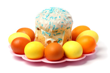 Easter Cake with painted eggs - Russian and Ukrainian Traditional Kulich, Paska Easter Bread isolated on white background