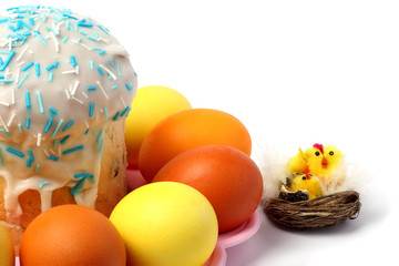 Easter Cake with painted eggs - Russian and Ukrainian Traditional Kulich, Paska Easter Bread isolated on white background