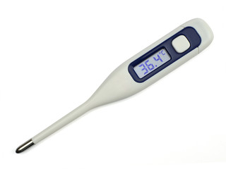 36.4 degrees Celsius on clinical electronic thermometer isolated on white background