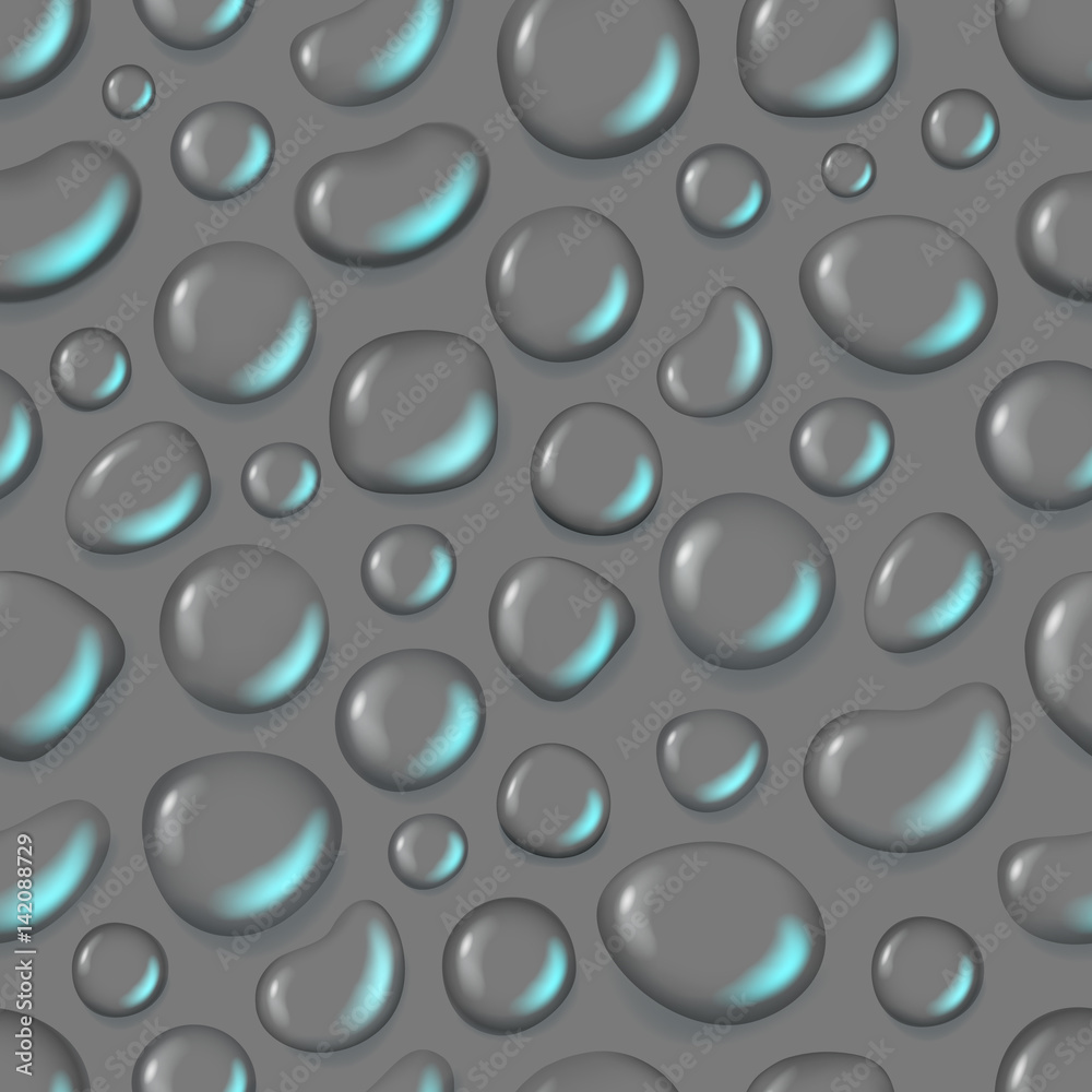 Poster different water drops vector seamless background. transparent liquid elements