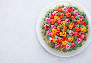 Naklejka na ściany i meble Buttercream flower tulip cake , beautiful festive cake decorated with colorful cream flowers