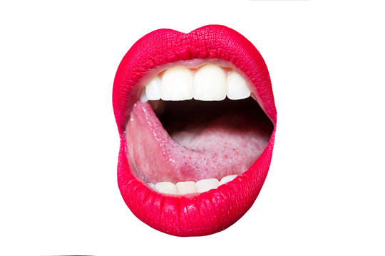 Sexy mouth with pink lipstick, white teeth, seductive tongue, open lips. Lips icon. Cosmetics for women's lips