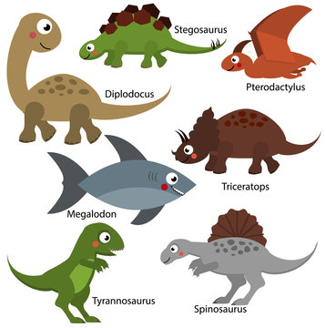 Cute dinosaurs set. Cartoon dino characters, isolated elements for kids design. Diplodocus, Tyrannosaurus, Triceratops and other prehistoric creatures