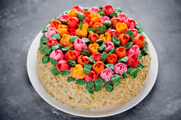 Buttercream flower tulip cake , beautiful festive cake decorated with colorful cream flowers