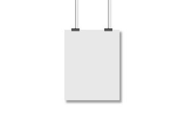 Blank white page hanging on the two clothespins with a string. Isolated on a white background