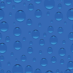 Droplets on blue background. Seamless pattern. Realistic pure water, isolated transparent drops. Design for website background, fabric, tapestries, packaging materials, environmental posters