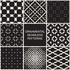 Collection of dark ornamental seamless patterns.