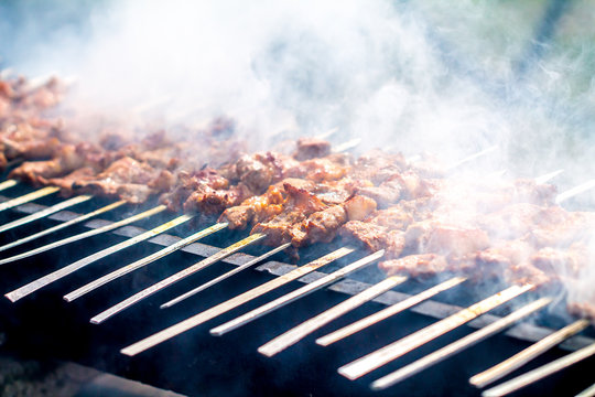 Shish kebab meat on skewers on the grill