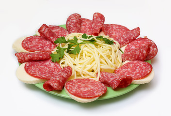 Obraz premium salami and cheese on a plate on white background