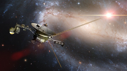 Voyager spacecraft in front of a galaxy and a bright nearby star in deep space - obrazy, fototapety, plakaty