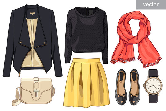 Lady fashion set of autumn,spring winteseason outfit. Illustration stylish and trendy clothing. Vector.