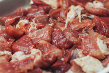 Close-up of raw cut meat in spices, can be used as a background or pattern