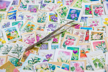 Fototapeta na wymiar A stamp printed in Japan shows various flowers collection