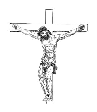 Jesus Christ, the Son of God in a crown of thorns on his head, a symbol of Christianity hand drawn vector illustration.