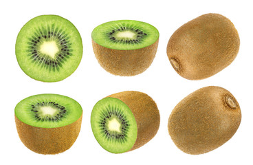 Isolated kiwi fruit. Collection of whole and cut kiwi isolated on white background with clipping path. - obrazy, fototapety, plakaty