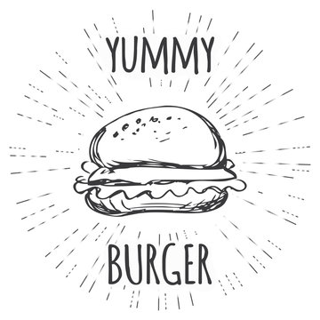 Yummy burger vintage label in hipster style with sunburst.