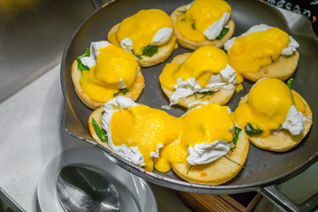 Assortment of fresh pastry on table in buffet .