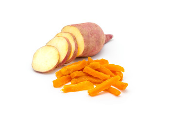 Healthy baked sweet potato fries isolated on white
