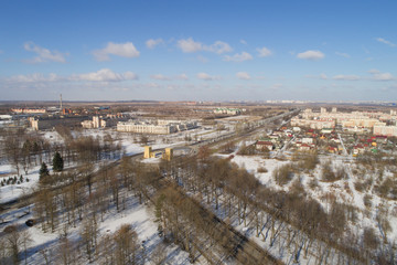 Obraz premium Aerial fly over spring Saint-Petersburg suburb Pushkin town view on streets daytime