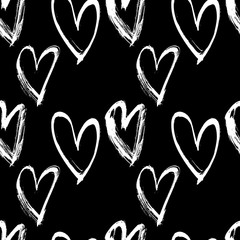 Abstract seamless heart pattern. Ink illustration. Black and white vector background.