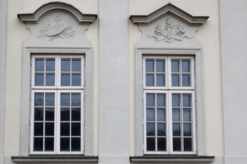 Two vintage design windows on the facade of the old house