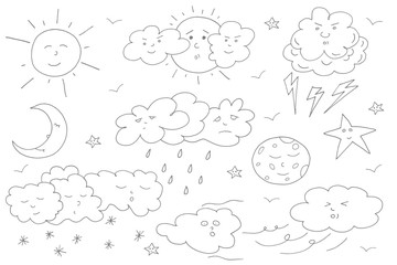 Doodle weather set in gray color. Hand drawn elements.
