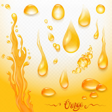 Set of transparent orange juice design elements.   Vector illustration.