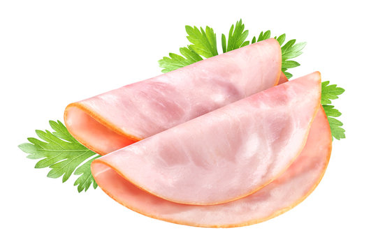 Isolated ham. Two slices of smoked ham isolated on white background with clipping path
