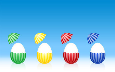 Easter eggs - hard boiled egg white - cracked half peeled shell - striped pattern - four different colors. Three-dimensional vector illustration on gradient blue background.