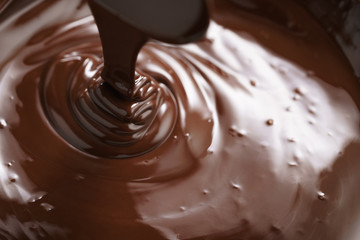 macro photo of premium dark chocolate pour in bowl