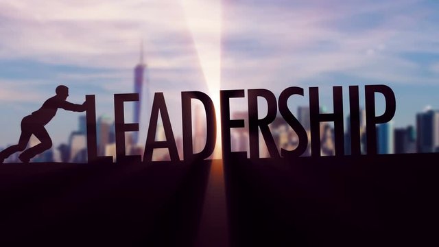 Leadership - Businessman silhouette pushing thematic title