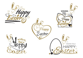 Obraz premium Happy Easter. Set greeting inscription with the Easter bunny and Easter eggs. Easter art, hand lettering, text. Vector illustration