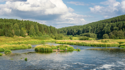 летний пейзаж на реке Иртыш с сосновым лесом, Россия,...