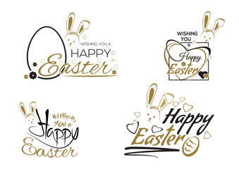 Happy Easter. Greeting inscription with the Easter bunny and Easter eggs. Vector easter art, hand lettering, text. Vector illustration