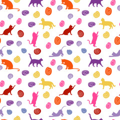 Cats and balls. seamless baby background with colour cats and balls.