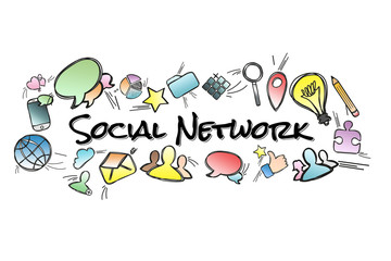 Social network title isolated on a background and surounded by multimedia icons - Internet concept
