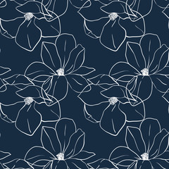 Trendy seamless floral print with magnolia flowers on deep blue color. Vector hand drawn illustration for print,textile,wrapping paper.