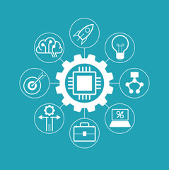  Icon gears with computer chip surrounded by business icons and innovations