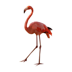 Isolated pink flamingo composed of triangles on white background.