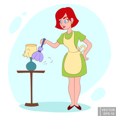 Cartoon cute girl with arpor and duster. Mother Ready for cleaning Sweet housewife Cleaner service
