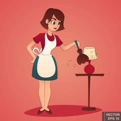 Cartoon cute girl with arpor and duster. Mother Ready for cleaning Sweet housewife Cleaner service