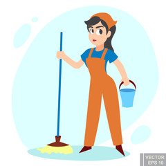 Fototapeta premium Cartoon cute girl In overalls with swab and bucket. Ready for cleaning Cleaner service